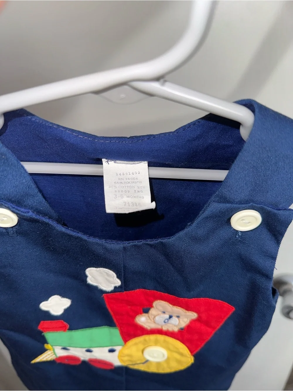 Vintage 90s Baby Togs Train Teddy Bear Romper Overalls Navy Blue Boy 3-6 Months
